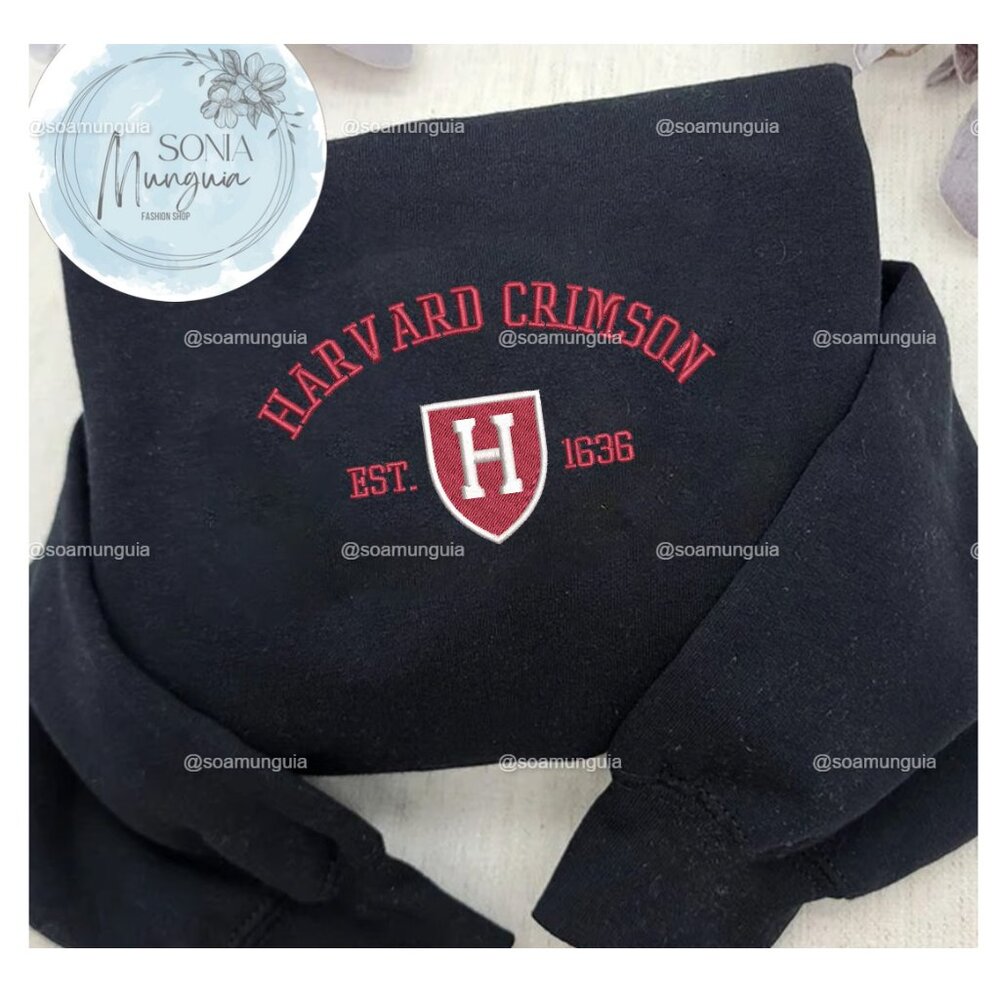 Harvard Crimson Sweatshirt Crewneck Black Unisex Embroidered EST 1636 Ivy League
